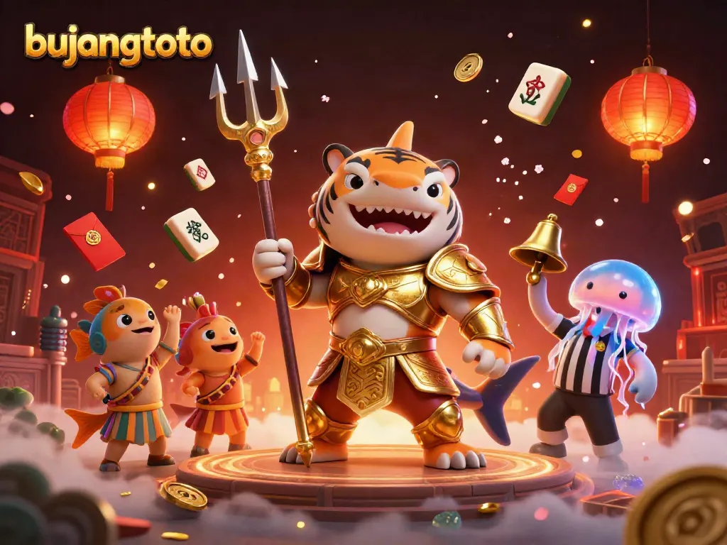 Bujangtoto's thrilling underwater scene features a gladiator shark and festive elements for online gaming.