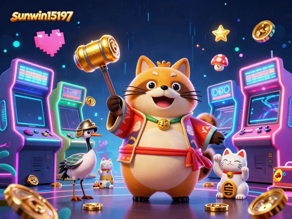Experience excitement at sunwin15197 with cheerful tanuki, arcade games, and colorful maneki-neko.