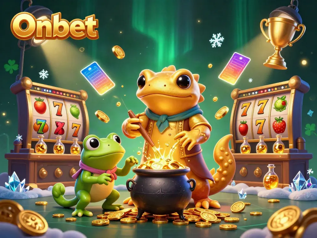Onbet interactive slot scene with alchemist characters turning metals into gold, vivid action elements