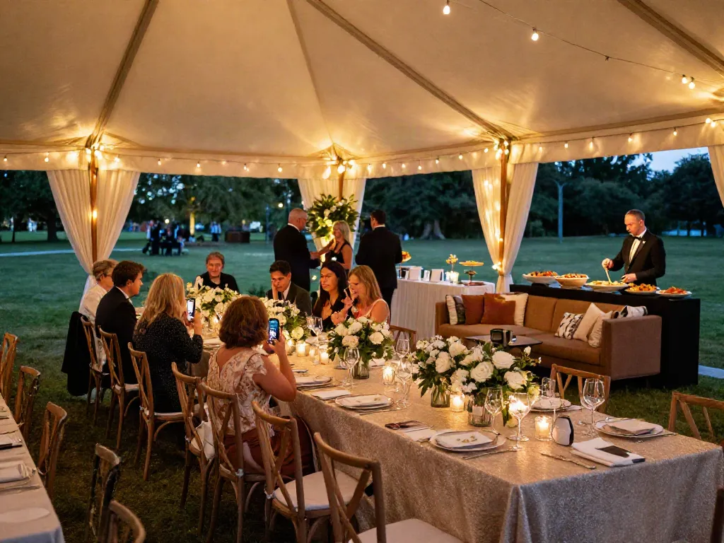 Premium event rentals showcasing a stylish outdoor wedding reception setup with elegant decorations and ambient lighting.