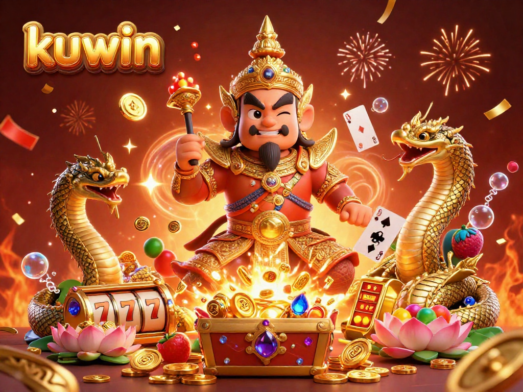 Kuwin offers thrilling slots action with a guardian and Naga surrounded by treasures and festive decorations.