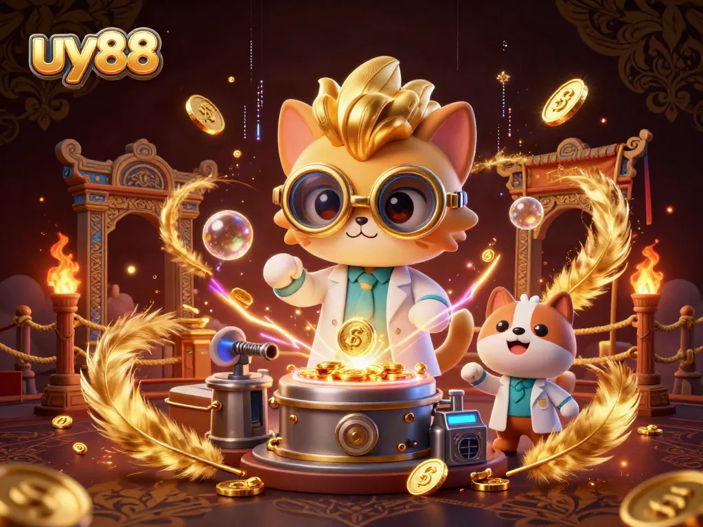Spin the reels and win big at uy88 with a lively 3D casino scene featuring a mad scientist cat!
