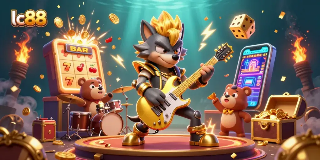 Experience thrilling gameplay at lc88 casino with dynamic 3D scene featuring rock star characters.