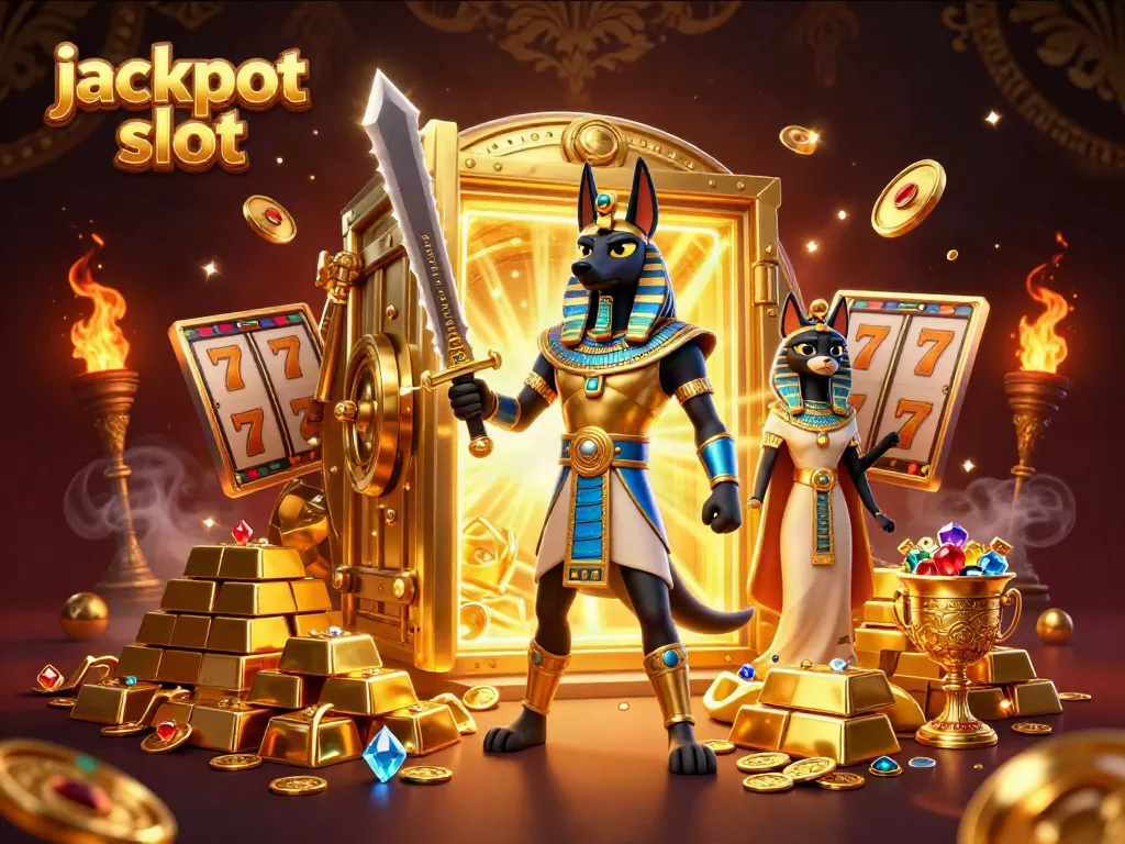 Spin the jackpot slot for glorious wins as Anubis and Bastet celebrate riches.