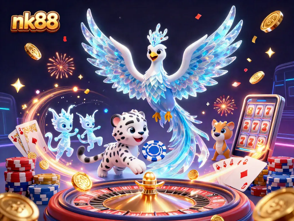 Play thrilling games at nk88 with an ice phoenix and vibrant casino elements.