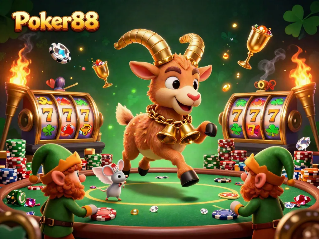 Experience the thrill of Poker88 with cartoon characters in a vibrant casino scene, featuring poker chips and slot reels.