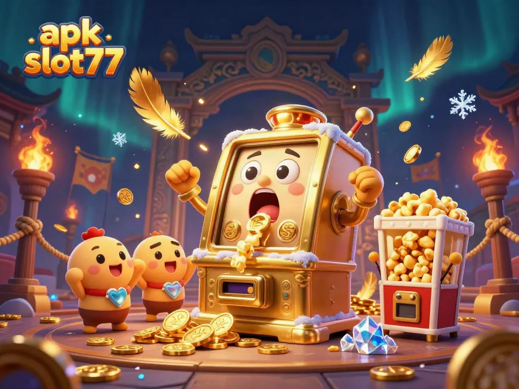 Permainan apk slot77 yang seru dengan mesin slot emas dan popcorn, menunjukkan kemenangan jackpot.