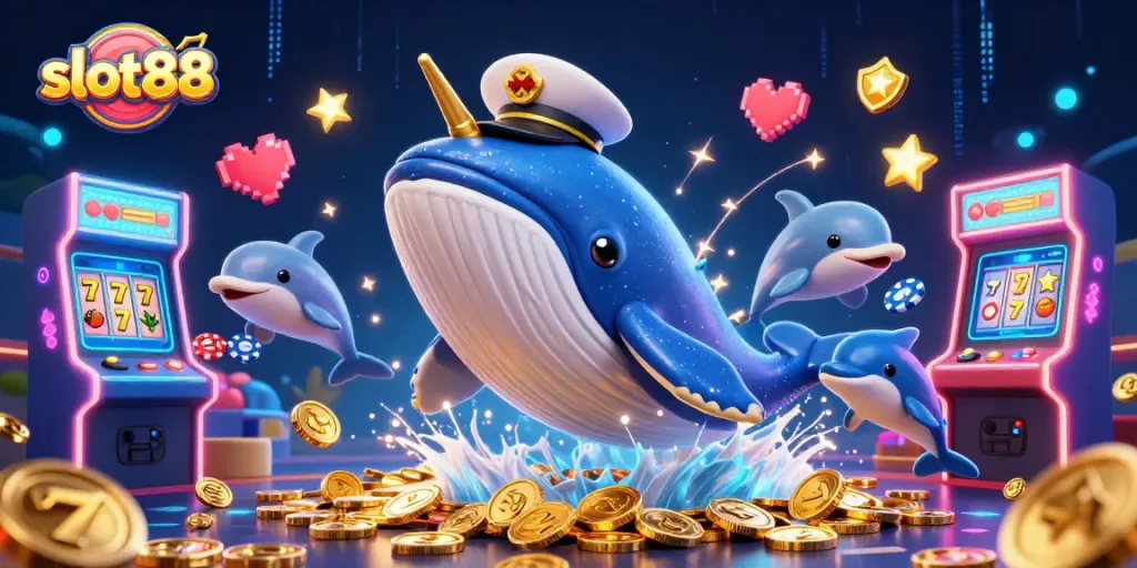Experience the excitement of slot88 with vibrant whales, coins, and poker chips in a dynamic scene.