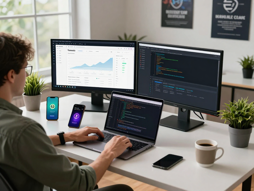 Person using Tornado Cash in a modern crypto workspace with multiple screens and blockchain-related tools