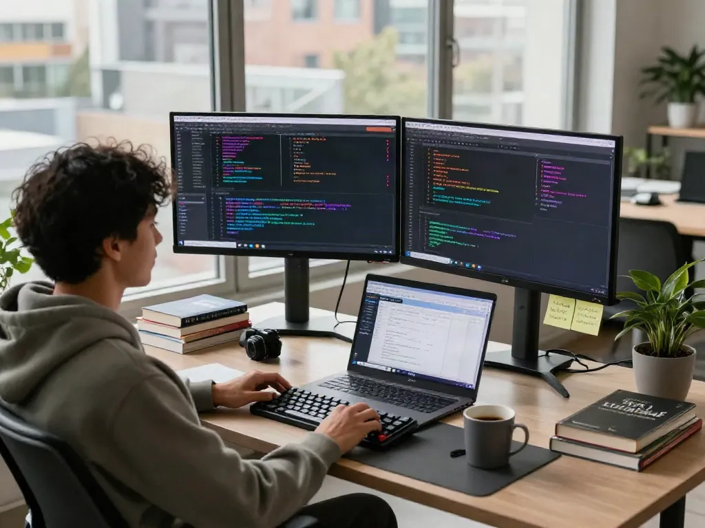 Developer menggunakan PG server di ruang kerja modern dengan monitor dan buku teknis.