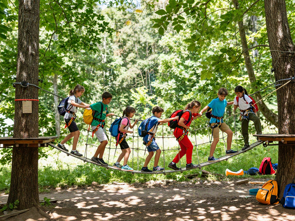 Children crossing a rope bridge in a sunny forest, encouraging each other, showcasing adventurous spirit and outdoor fun.