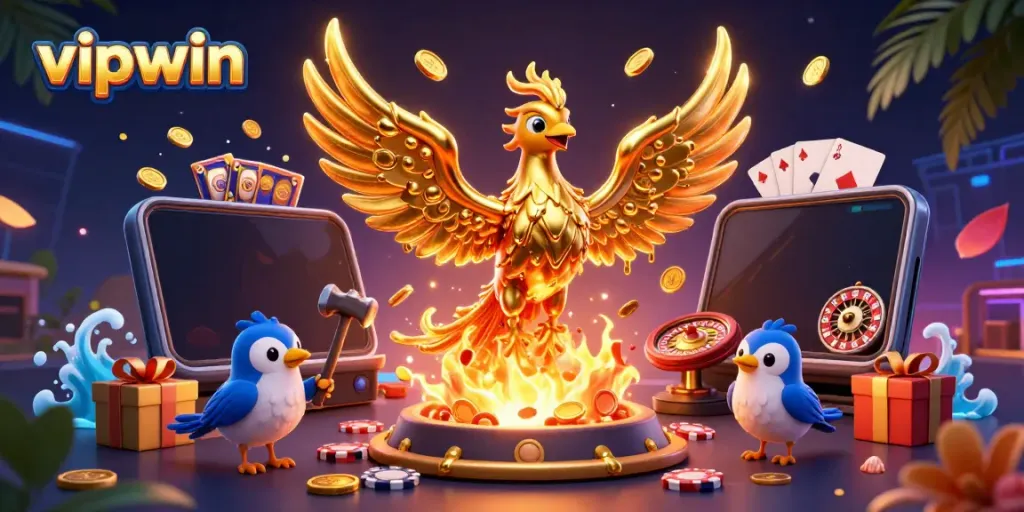 Experience the excitement of vipwin with a molten gold phoenix and dynamic casino elements!