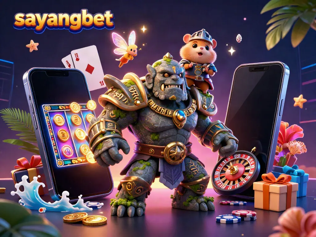 Sparkle magic and luck collide in a vibrant 3D scene featuring sayangbet with ancient characters and vibrant casino elements.