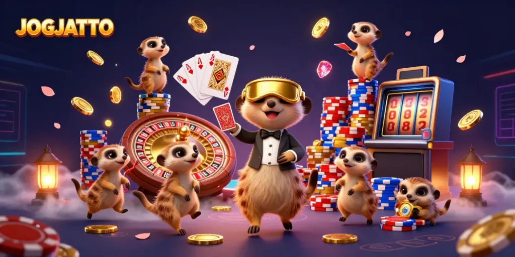 Experience thrilling gameplay at JOGJATOTO with engaging meerkat characters and vibrant casino elements.