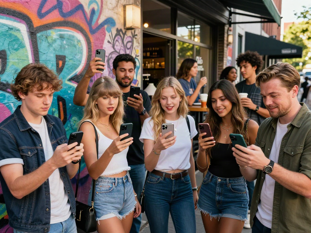 Friends comparing their looks to look alikes of famous people in a vibrant urban setting.