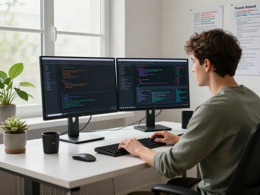 Developer using Brave browser on dual monitors in a modern workspace