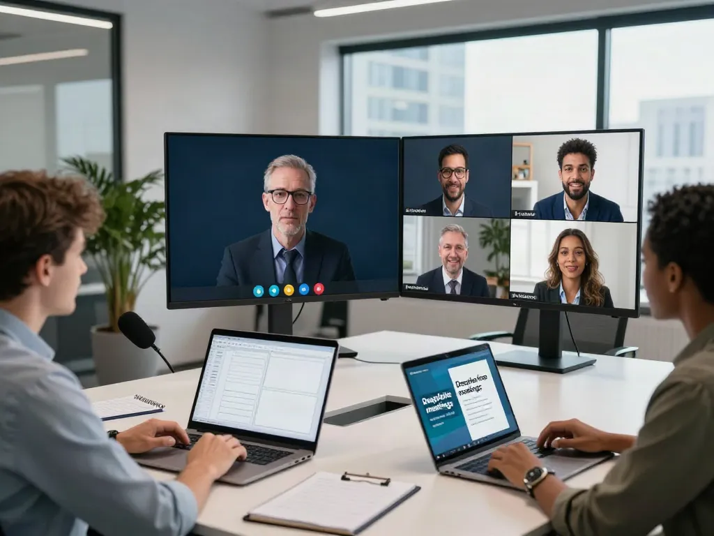 Deepfake free meetings in a modern virtual conference setup with diverse participants collaborating online.