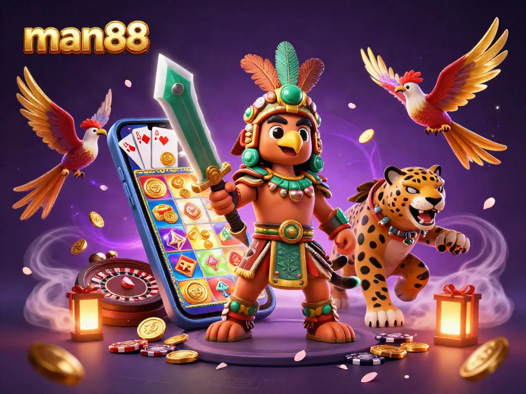 Engage in thrilling gameplay at man88 with dynamic Aztec warriors, vibrant slot games, and rich casino elements.