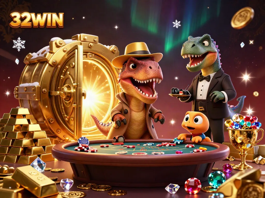 Engage with 32WIN's thrilling blackjack scene filled with dinosaurs in a lavish casino setting.