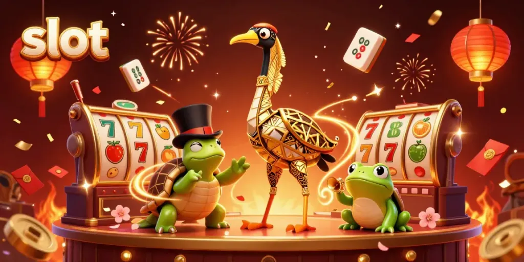 Experience the thrill of slot games with vibrant characters and lucky symbols in this lively illustration.