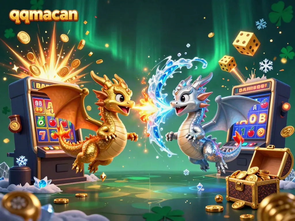 Unleash the excitement with qqmacan's dynamic casino scene featuring golden dragons and vibrant slot machine action.