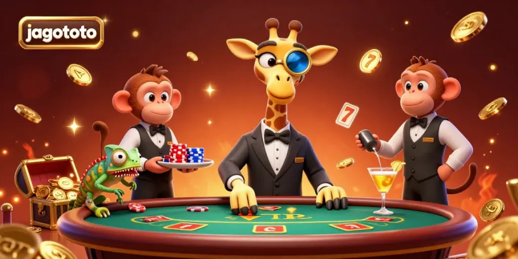 Gambarkan pengalaman taruhan di jagototo dengan giraffe mewah di meja poker, dikelilingi harta karun dan elemen permainan.
