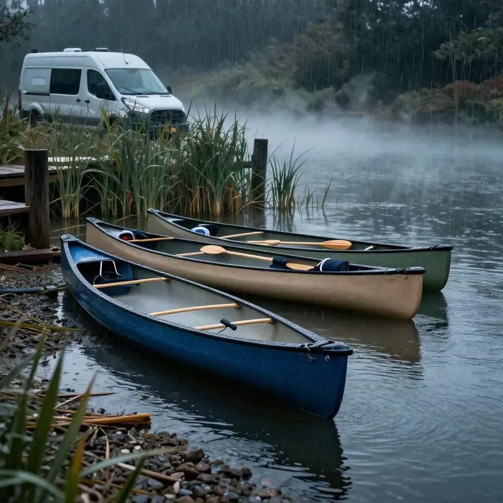 Misty dawn river landing with canoes, paddles, life jackets and a shuttle van beyond reeds.