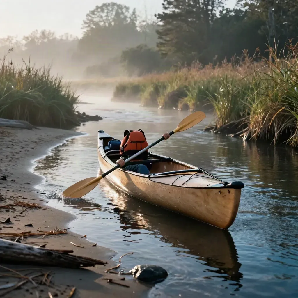 Low canoe at creek landing with paddle and life jackets in the bow at dawn mist.
