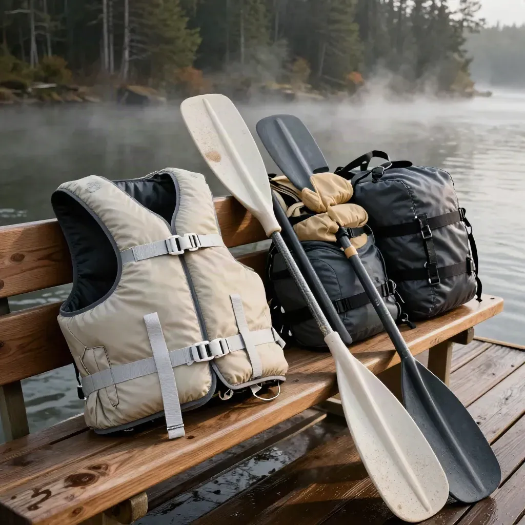Life jackets, paddles, and dry bags stacked on a cedar bench at a misty river launch.