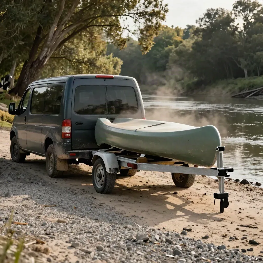 Dusty shuttle van and empty trailer wait beside a sandy river landing at late afternoon.