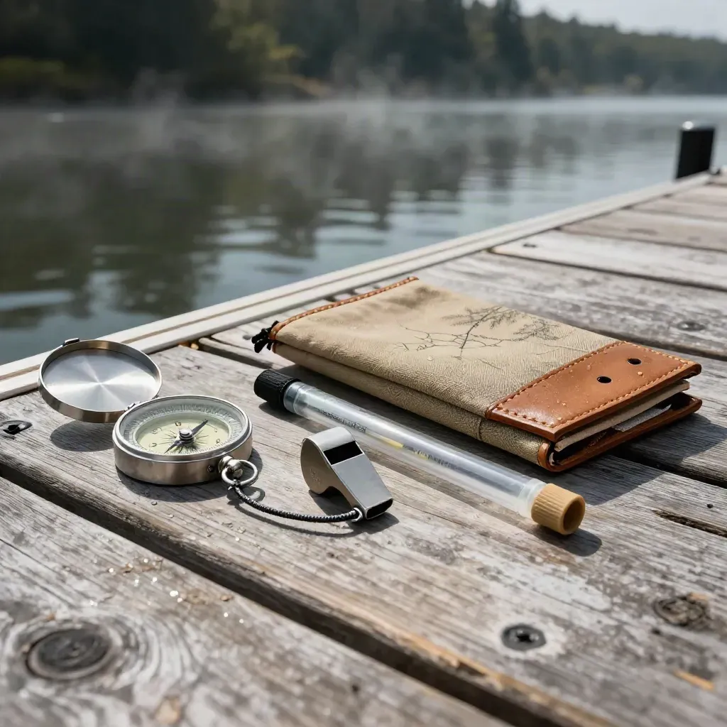 Guide kit on a dock beside misty river water, with compass, whistle, route tube, and chart case.