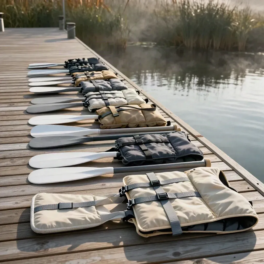 Youth life vests, paddles, and dry bags lined on a foggy dock beside a cove.
