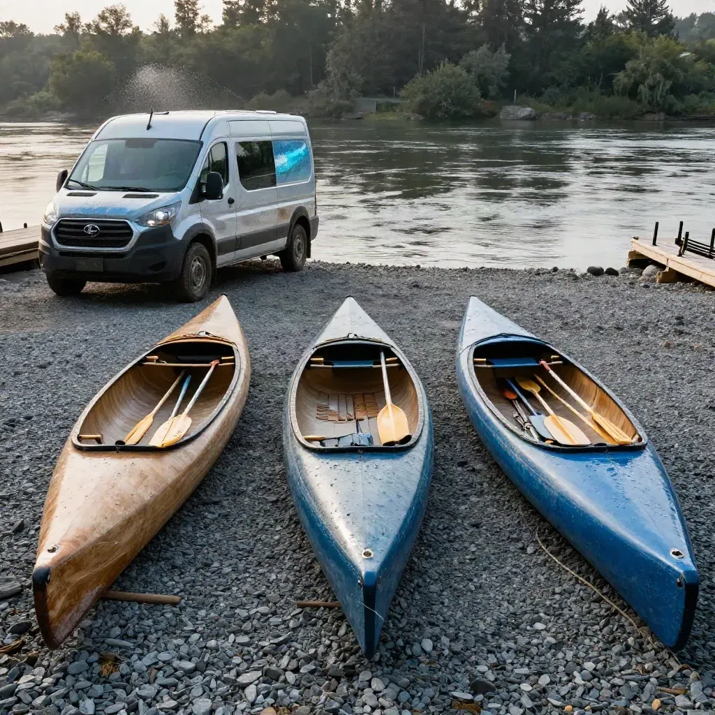 Three canoes, paddle stacks, and a shuttle van ready at a gravel river launch