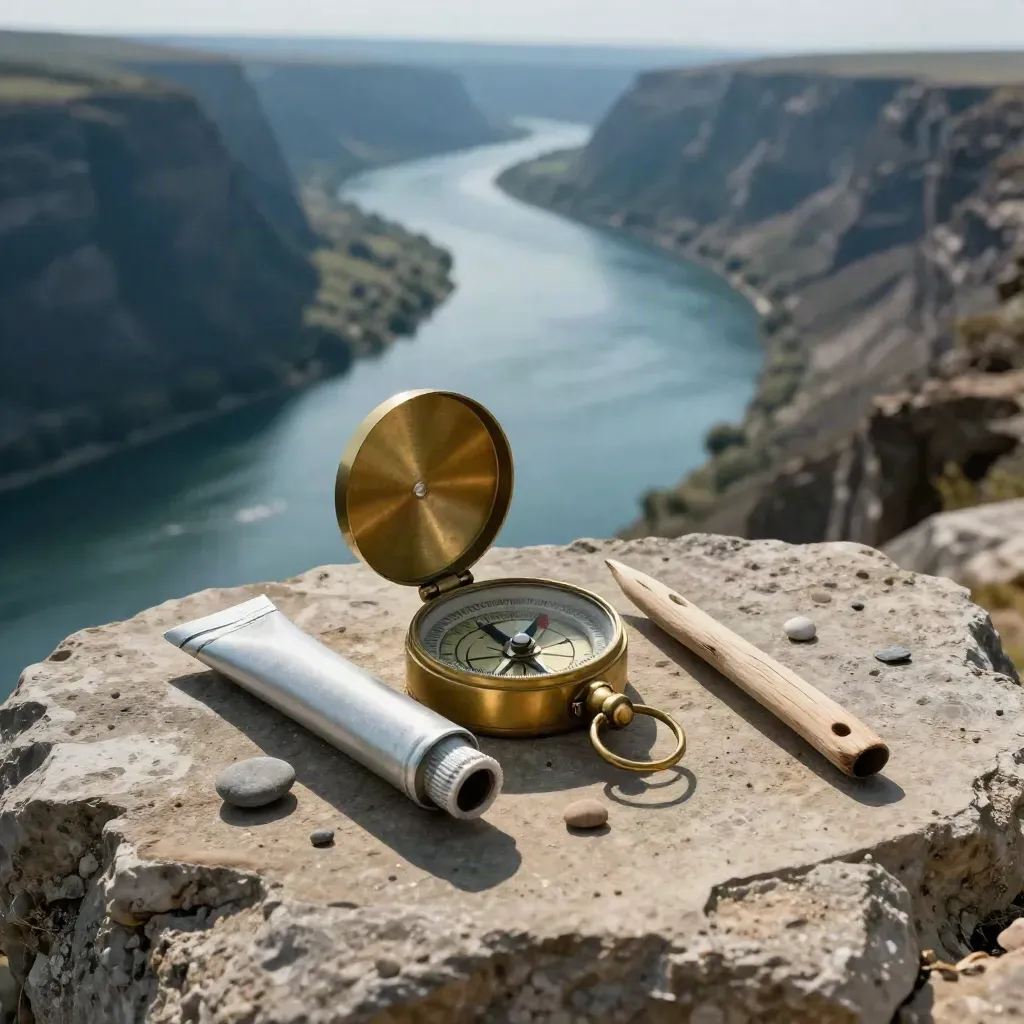 Brass compass, route tube, driftwood, and pebbles on a bluff over a hazy river valley.