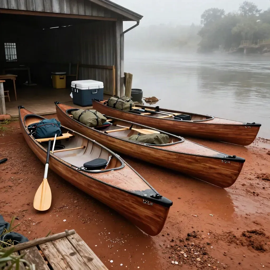 Three tandem canoes with paddles, coolers, and dry bags waiting in river fog