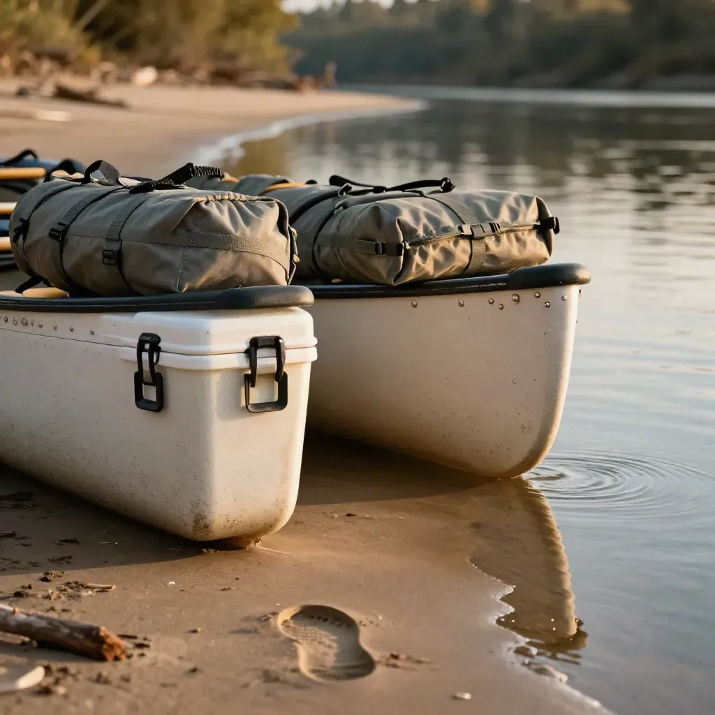 Two canoes, cooler, dry bags, and water reflections on a sandy river bend at golden hour.