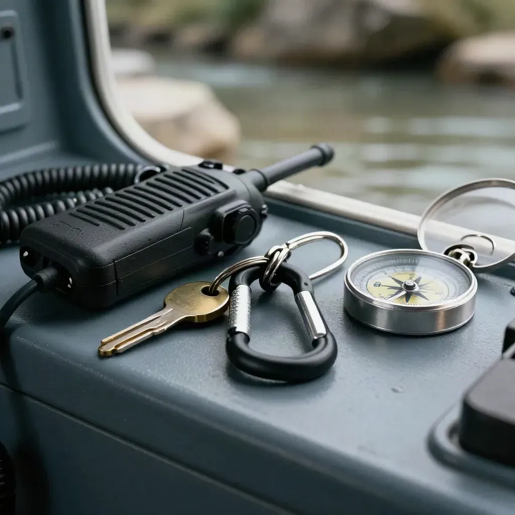 Macro of dispatch radio, key ring, carabiners and compass on a rubberized console.