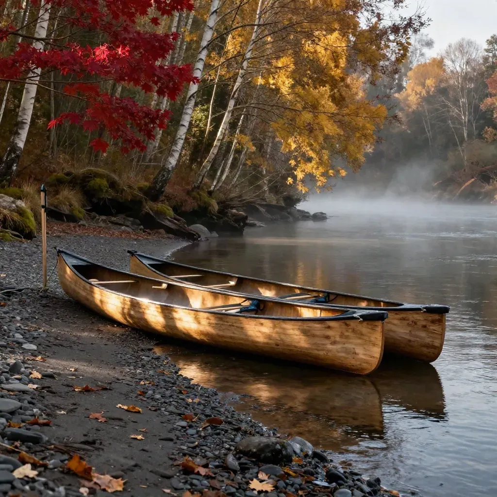 Two moored canoes under peak fall color beside a quiet river shuttle landing.