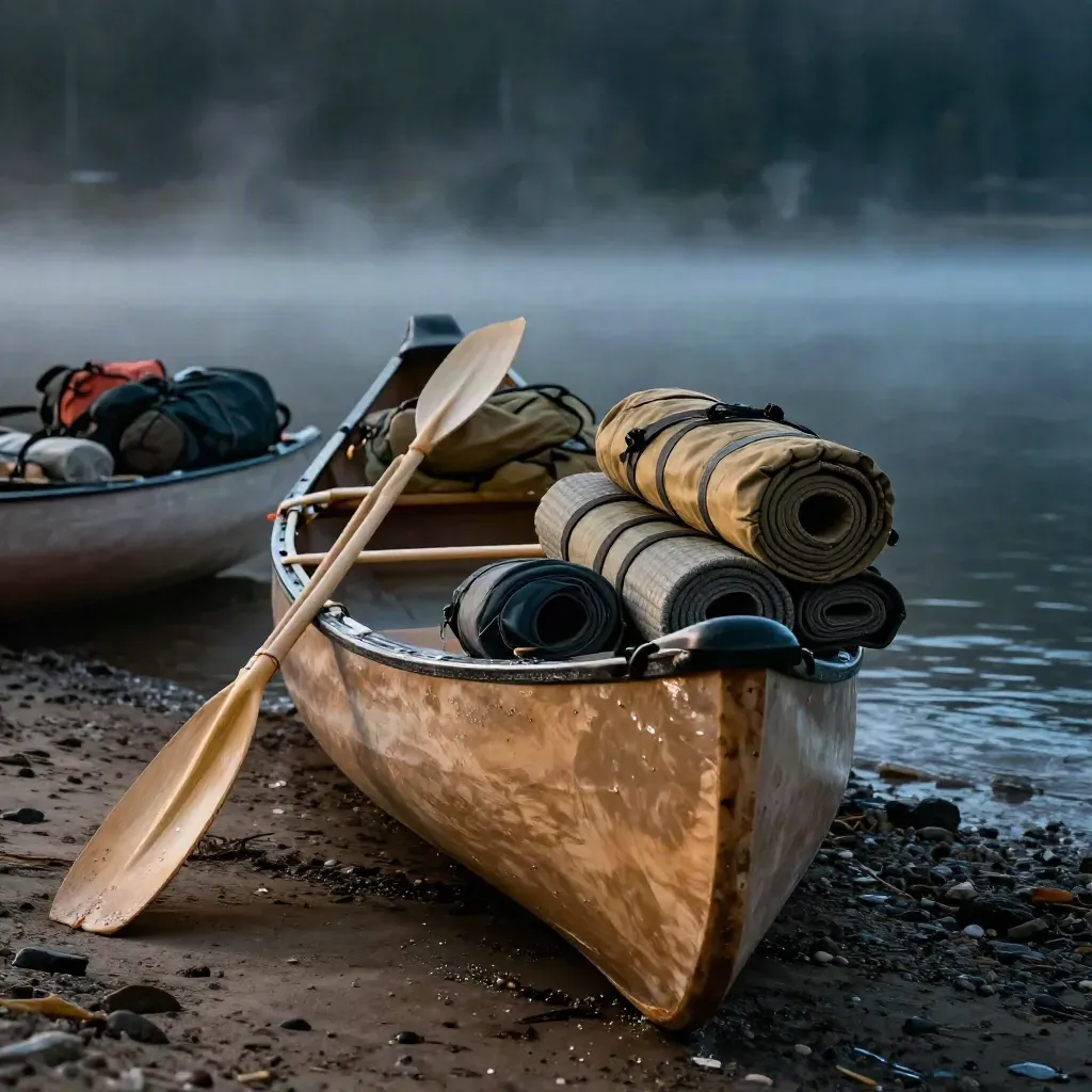 Foggy lakeshore landing with loaded canoe, paddles, dry bags, and sleeping pads ready to launch.