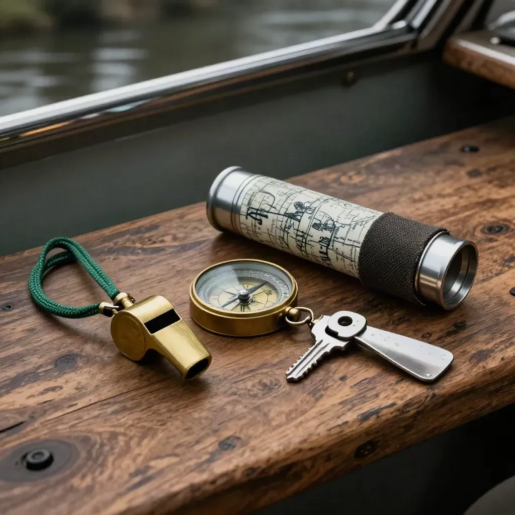Brass whistle, compass, paddle ferrule and map tube on a dark boathouse bench in misty light