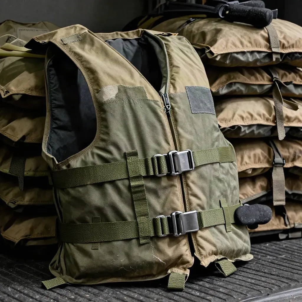 Close-up of stacked life jackets, buckles, paddle grips and canvas repair patches in a gear shed.