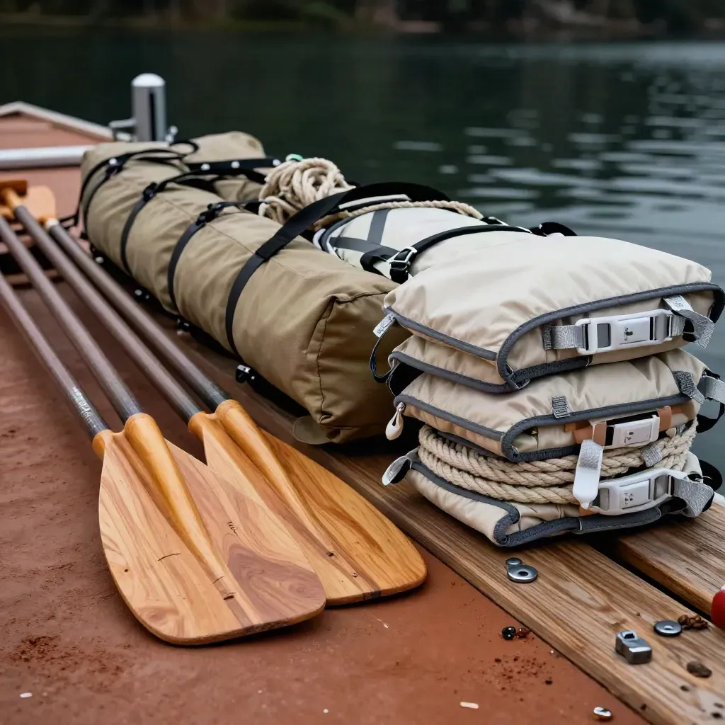 Macro of paddles, dry bags, ropes, and PFDs bundled on a canoe launch rack at dusk.
