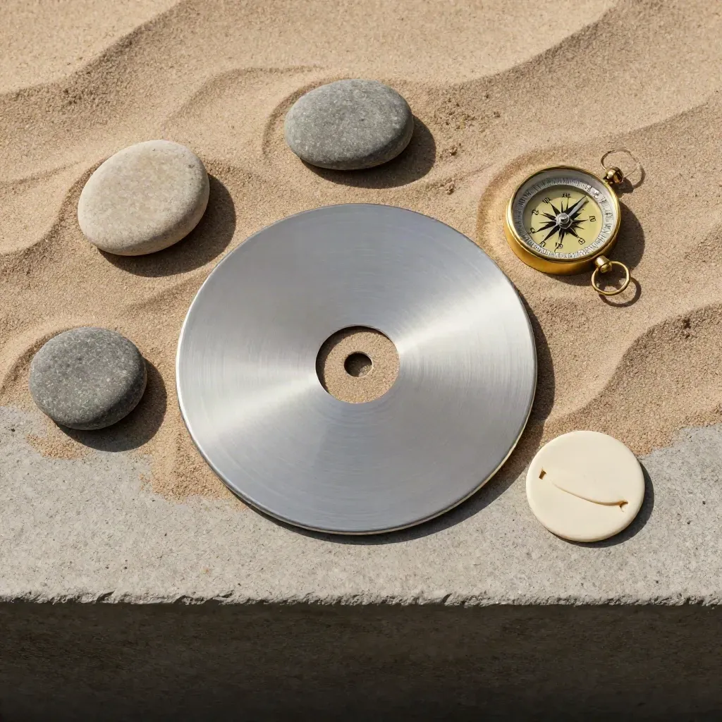 Top-down flatlay of canoe booking items on sand concrete with stones, compass, and blank date disc.