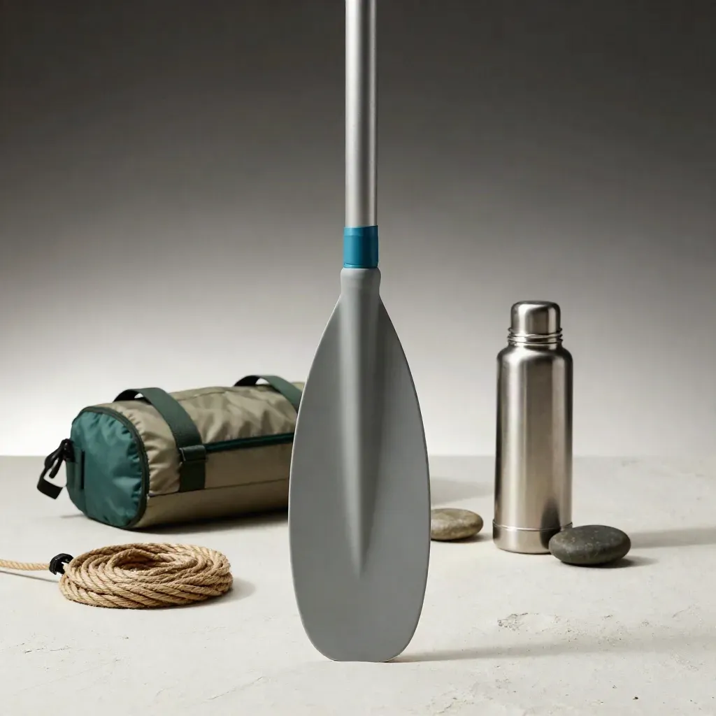 Paddle blade, rope, dry bag, stone, and thermos on a plaster sweep