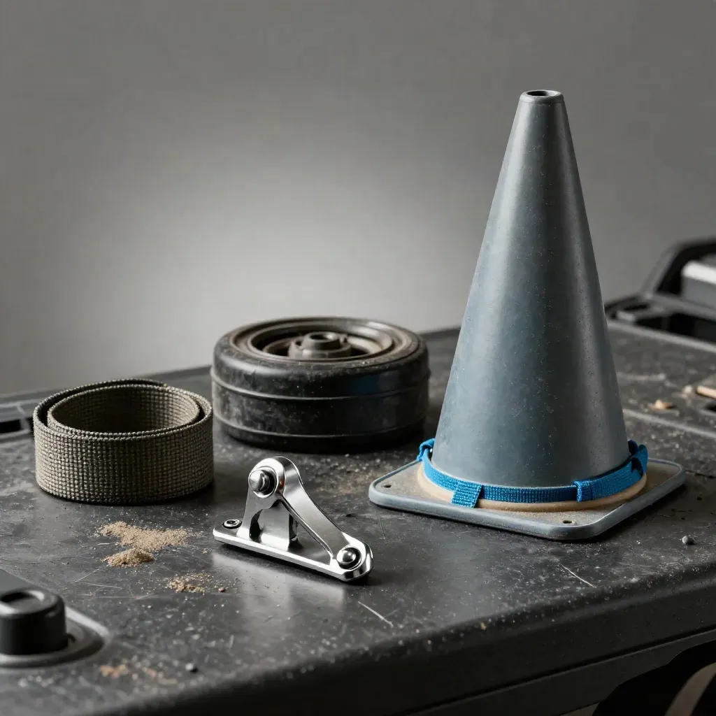 Hitch pin, tow strap loop, wheel chock, and launch cone on a dark workbench