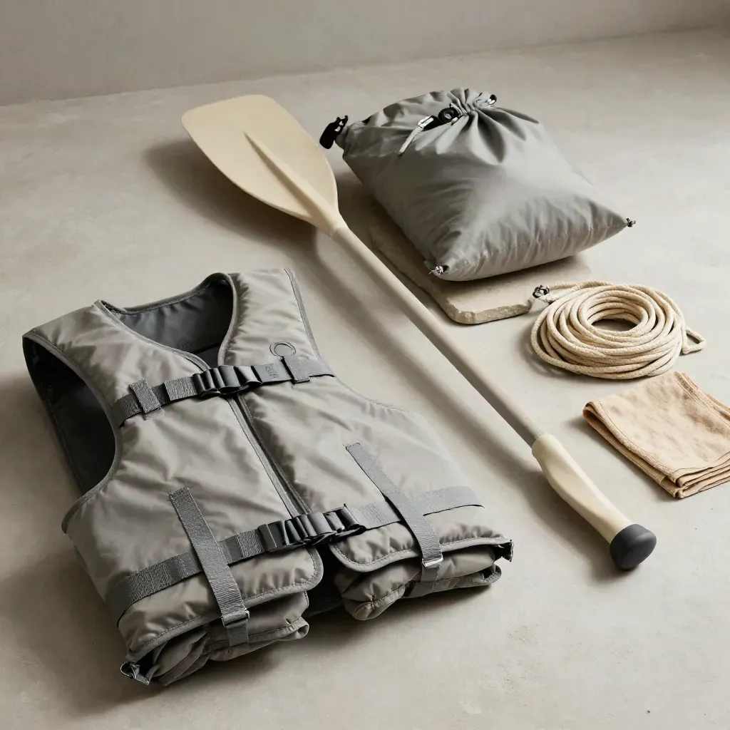 Neutral canoe gear on a stone tray: life jackets, paddle shaft, dry bag and rope.