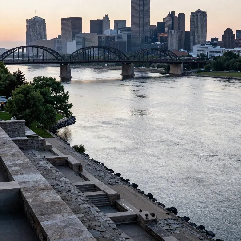 Twin Cities riverfront at blue hour with bridges, misty Mississippi water, and skyline silhouettes.