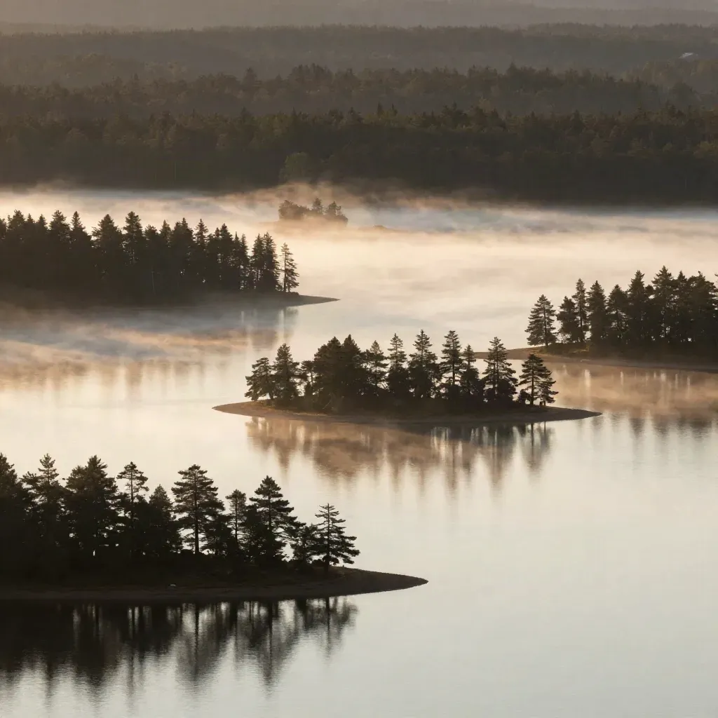 Foggy Northwoods lakes at sunrise with pine islands and calm open water for copy.