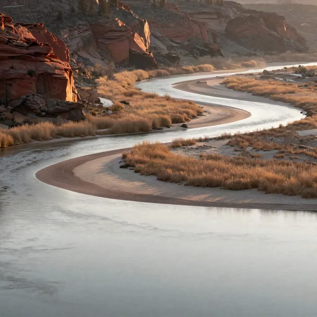 Golden-hour Chippewa River valley with red sandstone banks and a calm marshy floodplain.