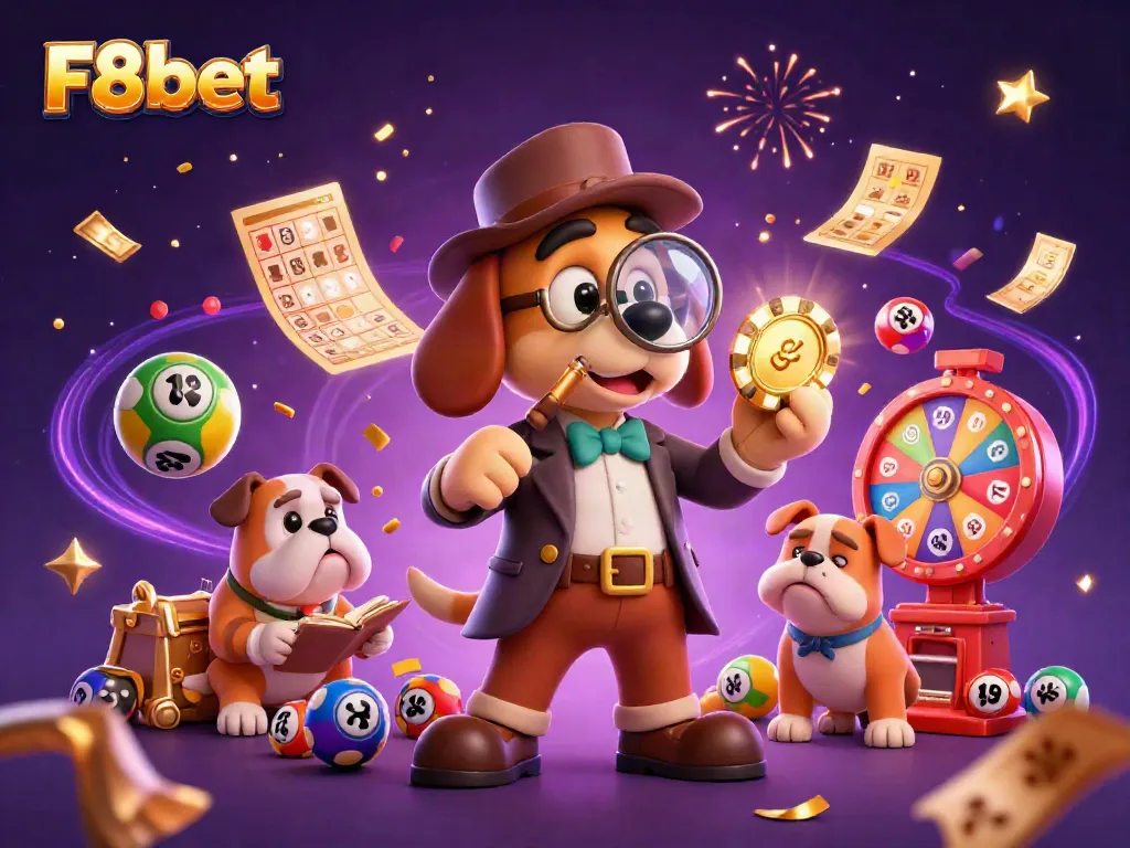 Join the treasure hunt at F8bet with a cartoon detective and vibrant casino elements!